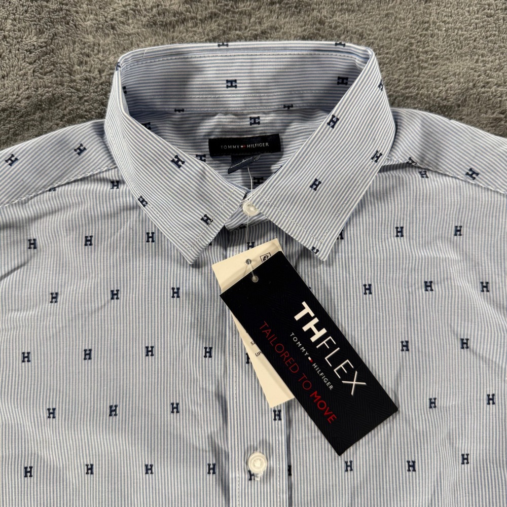 Tommy Hilfiger Button Down Shirt Boys 14 Blue Striped Monogram THFlex